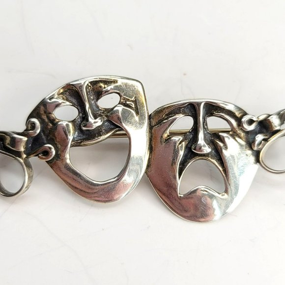 Sterling Silver Theatrical Masks Pin Brooch Ribbon Marked Ct561 - Picture 3 of 6